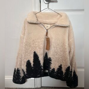 NWT THREAD & SUPPLY Womens’ Forest Pattern Quarter Zip Pullover In Ivory & Grey